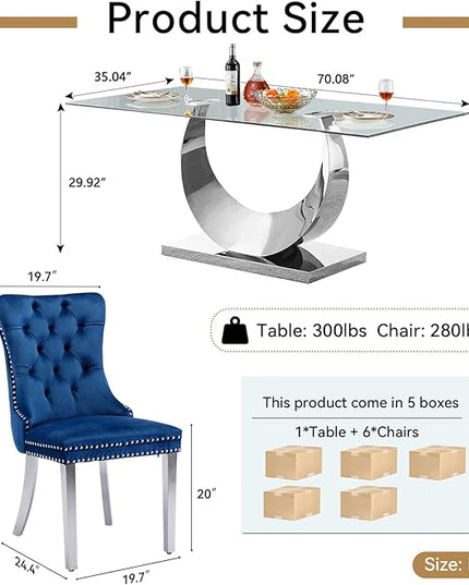 7 Piece Dining Table Set, Modern Glass Dining Table Set for 6, 70" Luxury Glass Table w/Silver Stainless Steel Base & 6 Blue Tufted Chairs, Kitchen Dining Room Sets for 6 for Breakfast Dinner Dinette