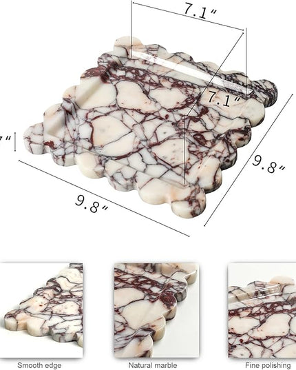Natural 100% Marble Vanity Tray Luxury Scalloped Marble Storage Square Rectangle Tray for Home Decor Stone Tray for Bathroom Kitchen Candle Key (Square-9.8 * 9.8-Calacatta Viola)