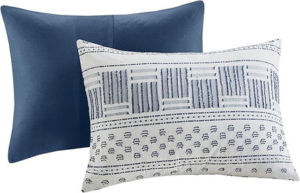 Hyde Lane Modern Navy Bedding, Blue Full/Queen Farmhouse Comforter Set, Cotton Top with Boho Style Clipped Jacquard Stripes, 3-Pieces Including Matching Pillow Shams (90 x 90 Inches)
