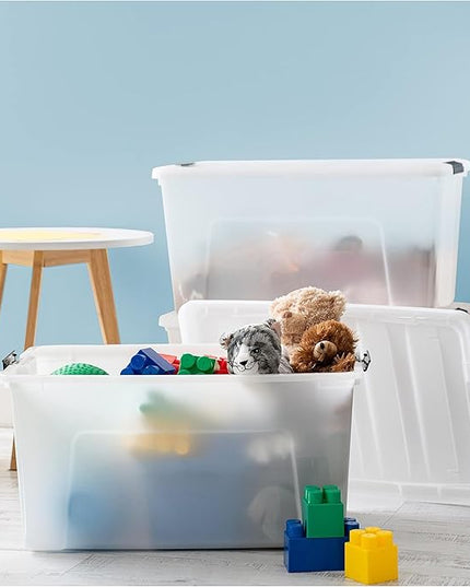 IRIS USA 72 QT Plastic Storage Box with Lid and Latches - 4 Pack - BPA-Free, Discreet Organizing Solution, Durable Nestable Stackable Containers, Secure Pull Handle - Pearl
