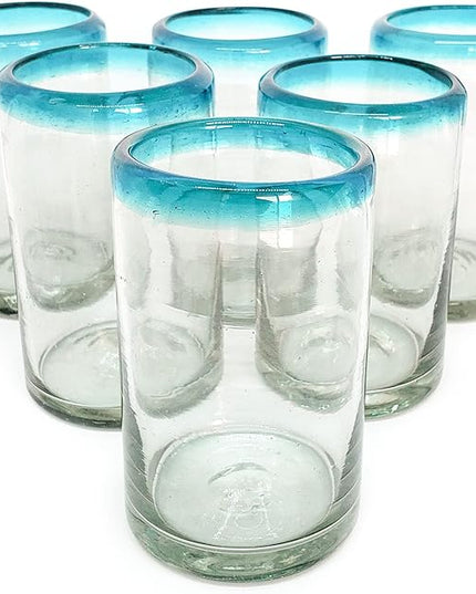 Aqua Blue Rim 9 oz Juice Glasses (set of 6) Mexican Handmade Glassware, Recycled Glass, Lead-free, Toxin-Free (Juice)