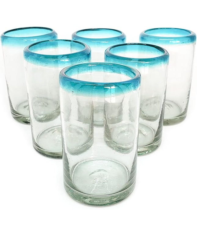 Aqua Blue Rim 9 oz Juice Glasses (set of 6) Mexican Handmade Glassware, Recycled Glass, Lead-free, Toxin-Free (Juice)