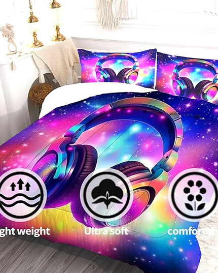 Galaxy Headphones Comforter Set Queen Purple Music Theme Bedding for Girls Kids Colorful Glitter Quilt 1 Comforter,2 Pillow Cases
