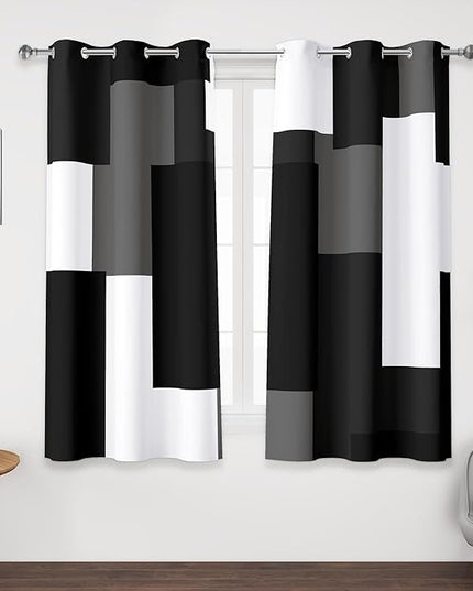 Black Grey Short Blackout Curtains 45 inch Length 2 Panels Set White Grey Modern Abstract Geometric Drapes for Kitchen Black Out Curtains Insulated Room Darkening Small Window Curtains, 42Wx45L