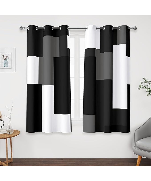 Black Grey Short Blackout Curtains 45 inch Length 2 Panels Set White Grey Modern Abstract Geometric Drapes for Kitchen Black Out Curtains Insulated Room Darkening Small Window Curtains, 42Wx45L