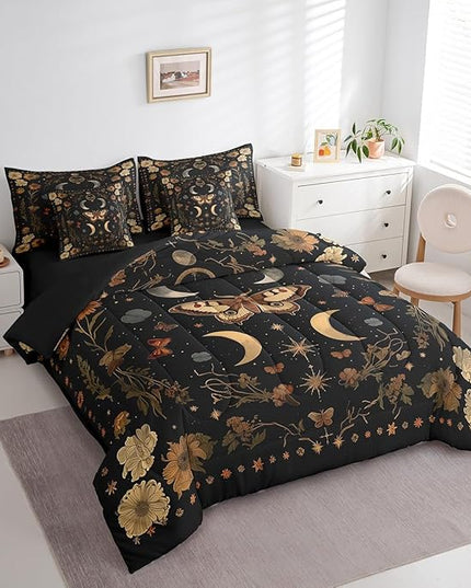 Feelyou 7 Piece Death Moth Bed in a Bag Full for Boys Kids Boho Butterfly Sheet Set,Moth Flower for Girls Women Rustic Garden Bedding Set with Comforter Moth Flower Cushion Covers