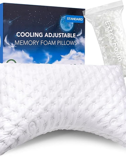 Cooling Side Sleeper Pillow for Neck and Shoulder Pain, Luxury Shredded Memory Foam Curved Bed Pillows for Sleeping Set of 1- Adjustable Standard Size- Washable Cover Crescent White