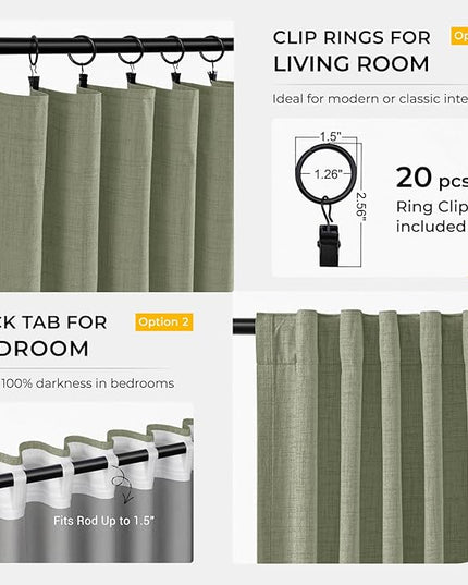 INOVADAY 100% Blackout Curtains for Bedroom, Black Out Curtains 108 Inch Long, Polyester Blackout Drapes, Thermal Insulated Room Darkening for Living Room, 2 Panels - Light Sage Green, W50xL108