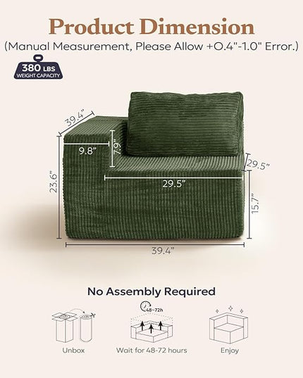 40" Modular Sectional Sofa, Upholstered Floor Sofa Couch with Pillow, Bean Bag Chair for Bedroom Living Room, No Assembly Required (Green, Plush Corduroy Fabric)