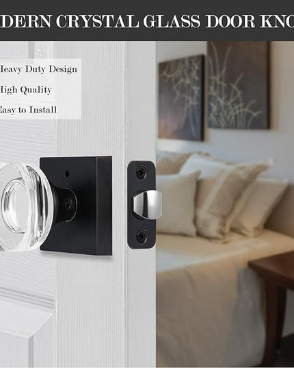 Glass Door Knobs Interior, Pricacy Bedroom Door Knobs with Lock, Square Vintage Style Crystal Door Handles for Bathroom, Oil Rubbed Bronze