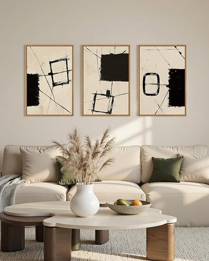 HOURIA Nordic Abstract Black & Beige Brush Stroke Framed Canvas Wall Art Set,Minimalist Geometric Grunge Line Shapes Ink Sketch Decor,Neutral Modern Drawing Artwork for Living Room,Farmhouse-16"x24"x3