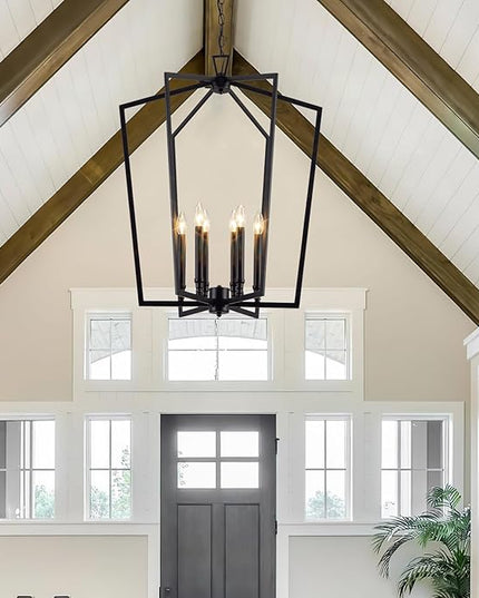 Vezzio Black Chandelier, 6-Light Modern Farmhouse Chandeliers Geometric Industrial Pendant Light Fixture Lantern for Dining Room Foyer Kitchen Island High Ceiling Hallway Entryway, D25 Inch