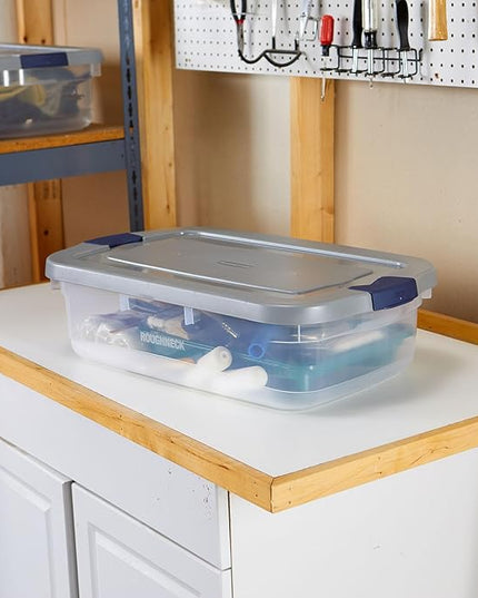 Rubbermaid Roughneck Clear 31 Qt/ 7.75 Gal Storage Containers, Pack of 6 with Snap-Fit Grey Lids, Visible Base, Sturdy and Stackable, Great for Storage and Organization