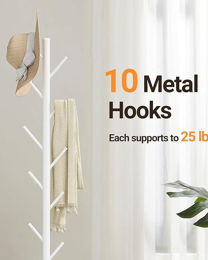 ELYKEN Coat Rack Freestanding with Natural Marble Base, Metal Coat Rack Stand with 10 Hooks, 3 Adjustable Size Coat Tree for Bags, Clothes, and Hats for Entryway, Bedroom, Hallway, Office, White