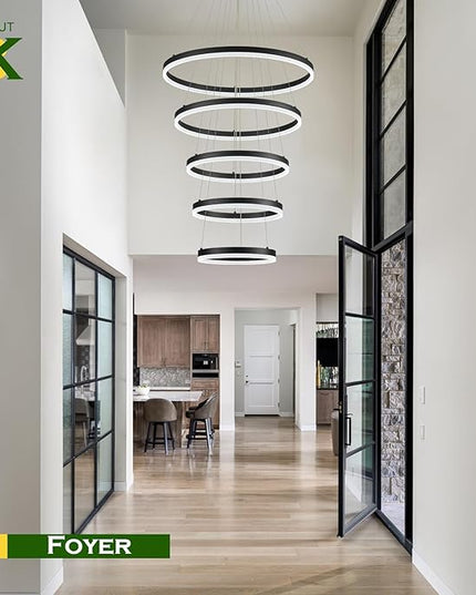 5-Rings Modern LED Chandelier Black High Ceiling Chandelier with Remote Control Dimmable Pendant Lighting for Dining Room Foyer Living Room Entryway Staircase(3000K-6500K, D23.6’’)