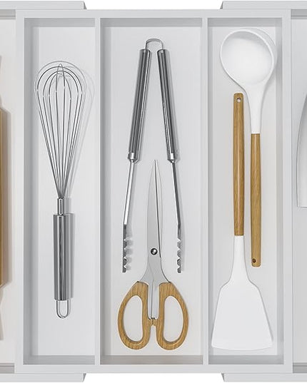 Utensil Organizer for Kitchen Drawers - Bamboo Silverware Tray Expandable 5 Slots Drawer Organizer for Office and Pantry Supplies W13.7-19.9" x L17.6 X H2.5 (White)