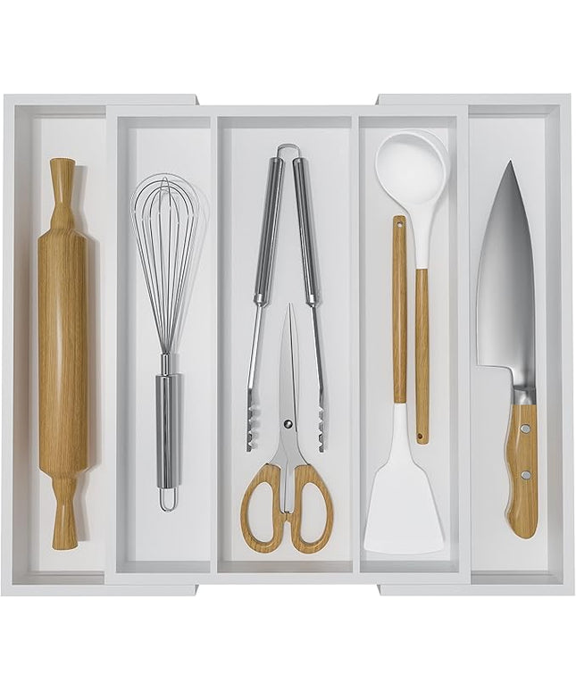 Utensil Organizer for Kitchen Drawers - Bamboo Silverware Tray Expandable 5 Slots Drawer Organizer for Office and Pantry Supplies W13.7-19.9" x L17.6 X H2.5 (White)