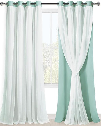 Hiasan Blackout Curtains with Sheer Overlay, Mix & Match Double Layer Thermal Insulated Room Darkening Curtains for Bedroom, Living Room, 2 Window Curtain Panels with Tiebacks, Aqua, 52W X 108L