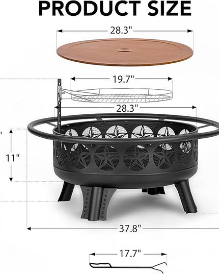 38” Wood Burning Fire Pits for Outside,3-in-1 Fire Pit with Grill, Spark Screen & Fire Poker,Outdoor Firepit Table with Swivel Cooking Grate for Yard BBQ Bonfire Patio Camping (38 inch)