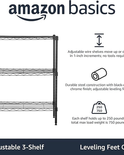 Amazon Basics 3-Shelf Adjustable Heavy Duty Steel Wire Rack Storage Shelving Organizer for Kitchen, Garage, 23.2" L x 13.4" W x 30" H, Black
