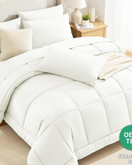 CozyLux Queen Size Comforter Set Ivory - 7 Pieces Bed in a Bag, Cream Off White Comforter Queen Size, Bedding Sets with All Season Quilted Comforter, Flat Sheet, Fitted Sheet, Pillowcases