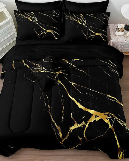 Merryword 8 Pcs Bed in a Bag Comforter Set - Queen Size Black Gold Marble Bedding Set