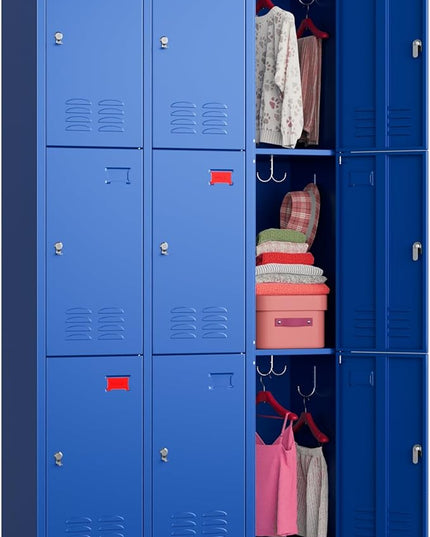 Aobabo New 9 Doors Metal Storage Locker for Employees, Lockable Steel Locker with Name Card Slot and 27 Hooks for School Office Gym Garage, Blue, Assembly Required