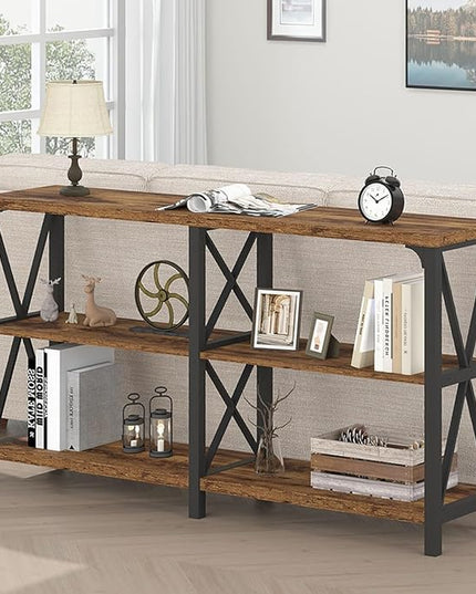 LVB Wood Console Table, Rustic 3 Tier Sofa Table Behind Couch, Industrial Metal Entryway Table with Storage Shelf, Farmhouse Wooden Foyer Hallway Table for Entry Living Room, Rustic Brown, 55 Inch