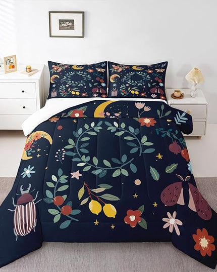 Sun Moon Comforter Set Twin Size,Starry Sky Galaxy Trippy Boho Bedding Set,Boys Girls Adults Room Decor,Flowers Leaves Wildlifes Rustic Down Comforter,Colorful Country Duvet Insert,1 Pillowcase