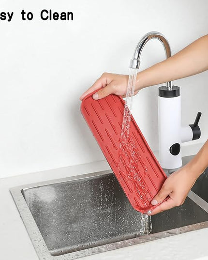 Silicone Kitchen Sink Organizer Tray for Multiple Usage,Eco-Friendly Sponges Holder for Kitchen Bathroom Counter or Sink,Dish Soap Dispenser,Scrubber,Bottle,Cup (Red, 12"×4")