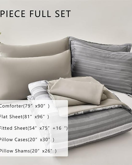 KAKIJUMN 7 Piece Bed in a Bag Stripe Comforter Set Full Size, White Grey Patchwork Striped Comforter and Sheet Set, All Season Soft Microfiber Complete Bedding Set(Light Grey,Full)