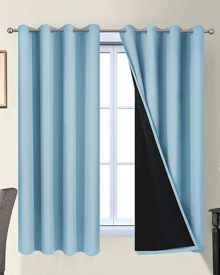 Yakamok 100% Blackout Curtains Energy Saving Thermal Insulated 2 Thick Layers Completely Blackout Drapes with Black Liner for Bedroom (52Wx63L,Sky Blue, 2 Panels)