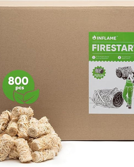 Inflame Fire Starters 800 pcs Fire Starters for Campfires, Grill, BBQ, Fireplace, Woodstove - Charcoal Starter - Waterproof, Weather-Resistant - Natural Wood Fireplace Starters