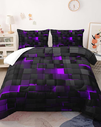 Geometric Violet Black Comforter Set,Light Honeycomb 3 Piece Bedding Set Twin Size for Teen Boys,Modern Bedding Quilt Set Geometry Decor,Microfiber Lightweight 1 Comforter 2 Pillowcases All Season