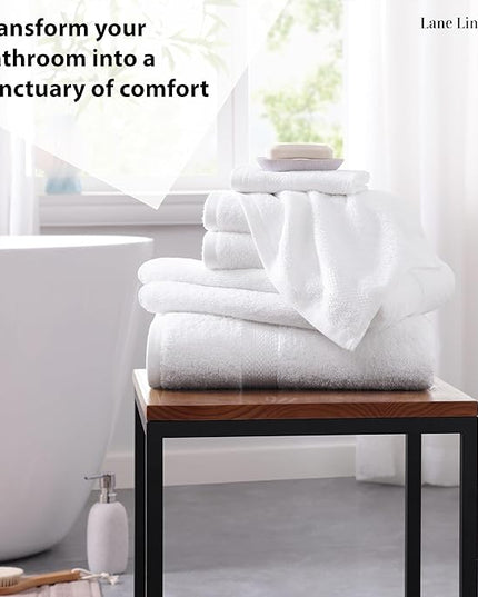 LANE LINEN 100% Cotton Luxury Bathroom Towel Set - 6 Pieces - Super Soft, Fluffy & Highly Absorbent - 2 Large Bath Towels, 2 Washcloths, 2 Hand Towels - Complete Family Pack - White Bath Towel Set