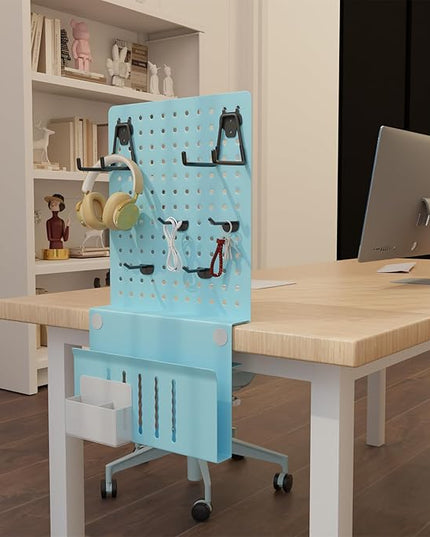 Desk Side Storage with Clamp-On Desk Pegboard, Steel Privacy Panel, No-Drill Desk Organizer with Pen Holder, Table-Side Laptop Holder for Office and Home (Blue)