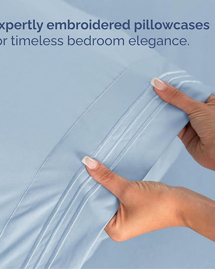 Queen Size 4 Piece Sheet Set - Comfy Breathable & Cooling Bed Sheets Set - Hotel Luxury Bedding for Women, Men, Kids, Teens, Boys & Girls - Deep Pockets, Soft and Wrinkle Free - Oeko-Tex - Light Blue