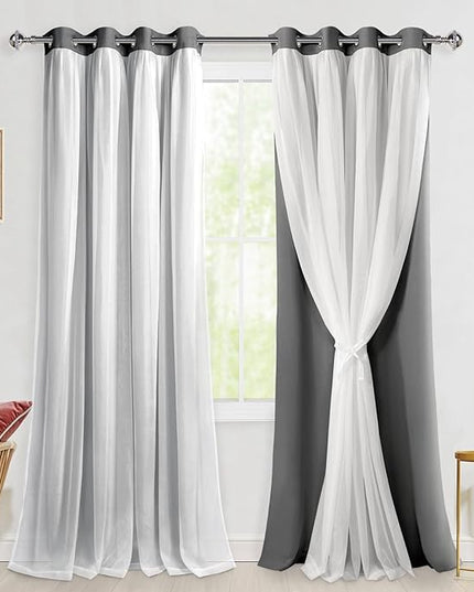 Hiasan Grey Blackout Curtains with Sheer Overlay, Double Layer Mix & Match Thermal Insulated Room Darkening Curtains for Bedroom, Living Room, 2 Window Curtain Panels with Tiebacks, 52W X 120L