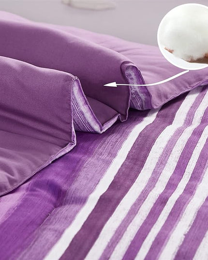 KAKIJUMN 7 Piece Bed in a Bag Stripe Comforter Set Queen Size, White and Purple Patchwork Striped Comforter and Sheet Set, All Season Soft Microfiber Complete Bedding Sets(Purple,Queen)