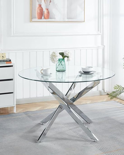 HomVent Round Glass Dining Table Set for 2, 3-Piece Modern Kitchen Table Set with 2 PU Upholstered Chair for Kitchen Dining Room, Glass Dining Room Table Set