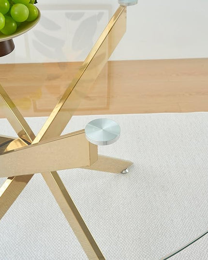 47.24" Round Glass Dining Table Modern Kitchen Glass Top Table for 6 with Gold Chrome Metal Legs, Clear Dining Table Kitchen Table for Home Office Dining Room