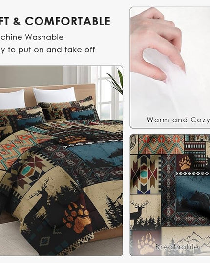 King Size Comforter Set with 2 Pillowcases, Deer Bear Wildlife 3 Pcs Bedding for Kids and Adults, Black Brown Country Soft Comforter Set for Bedroom Bed Decor