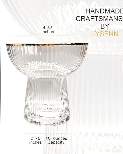 Lysenn Stemless Margarita Glasses Set of 4 - Elegant Vertical Stripes Cocktail Glasses – Premium Hand Blown Glassware for Martini and Mixed Drinks – 10 oz Gold Rim