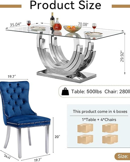 Henf 5-Piece Dining Table Set with 4 Upholstered Dining Chairs, Large Dining Table and Chair Set for 4, Modern Glass Kitchen Table Furniture for Dining Room, Glass Top and Stainless Steel Pesestal