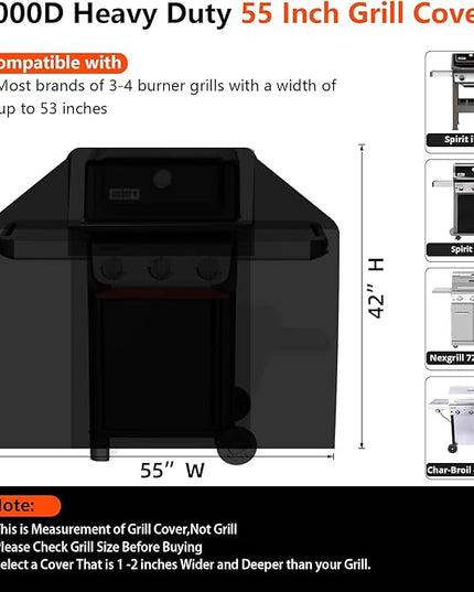 [Upgraded 1000D Heavy Duty Fabric] 55" Grill Cover for Outdoor Grill, Waterproof, Tear & Fade Resistant BBQ Cover with Buckle & Air Vent, Gas Grill Cover for 3-4 Burner Weber Nexgrill Char-Broil Grill