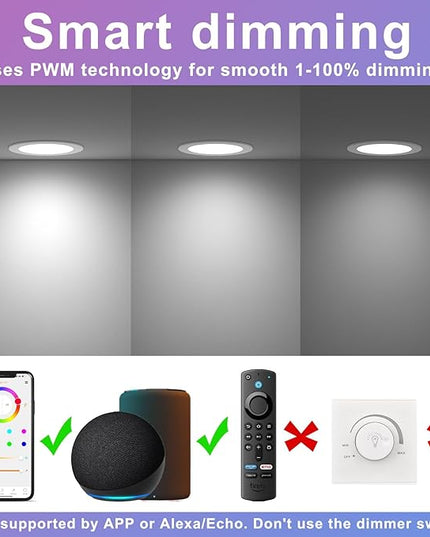 24Pack Smart Recessed Lighting 4 Inch RGBCW Color Changing 12W LED Downlight with Junction Box,1000 Lumen Recessed Ceiling Light Compatible with Alexa,Dimmable by Bluetooth Control