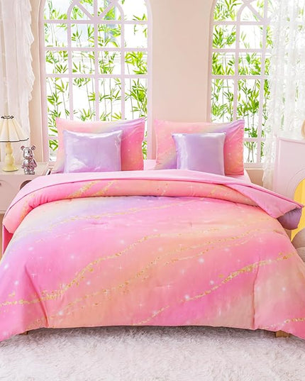Rainbow Bedding Set Twin Size – 7 Piece Reversible Girls Comforter with Deep-Pocket Sheet, Gradient Galaxy Design, Whole-Piece Filling, Machine Washable Bed-in-a-Bag for Kids Room Makeover & Gifts