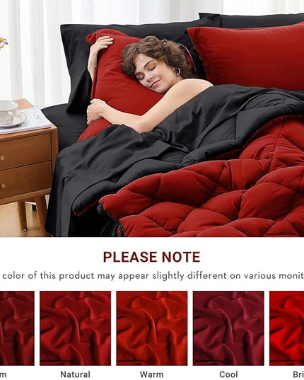 MUXHOMO 5 Pieces Twin Comforter Set, Reversible Bed in a Bag Twin Size, All Season Bedding Set with Comforter, Flat Sheet, Fitted Sheet, Pillowcases & Shams, Red & Black