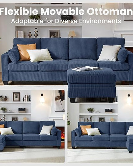 CHIC HOUSE Corduroy Modular Sectional Couch with Ottoman Chaise, L/U Shaped Sleeper Sofa for Living Room, Apartment, Lounge, Modern Armrest Neck Support Furniture (5 Seater Sectional, Navy Blue)