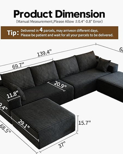 139.4" Modular Sectional Sofa, U-Shaped Minimalist Couches with 2 Ottomans Chaise, Modern Deep Seat Convertible Sleeper Sofa Bed,Cloud Plush Corduroy Fabric, No Assembly Required, 6 Seater, Black